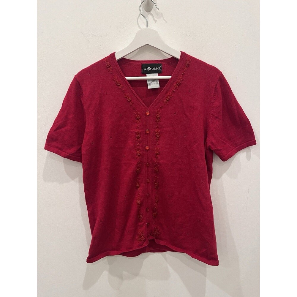 Vtg Sag Habor Red Sweater W/ Floral Embroidery And Buttons Sz M Grandmacore Boho